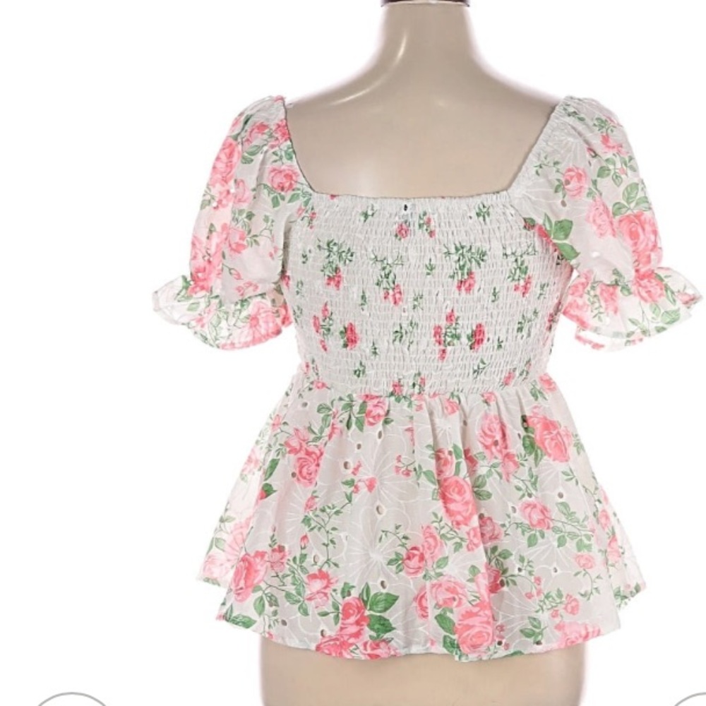 Source Unknown White Floral Square-Neck Peplum Top with Pink Roses